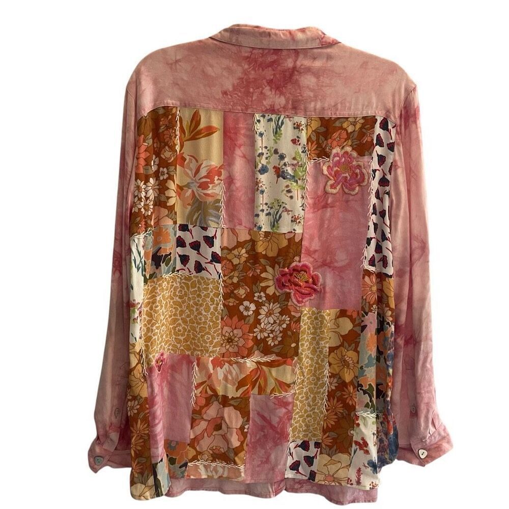 John Mark Pink Tie Dye Abstract Patchwork Button Up Blouse Top Women’s Sz Small